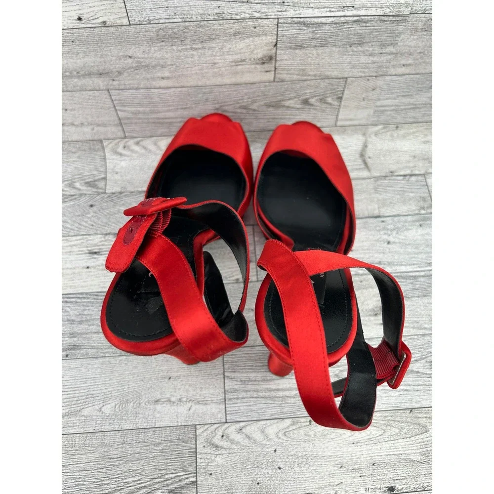 Nina NY Red Satin Platform Sandals Peep Toe Block Heel Buckle Strap Women 8.5M